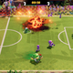 Toad runs toward a soccer ball but gets exploded in Mario Strikers: Battle League on Nintendo Switch.
